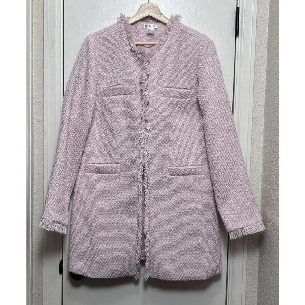 Venus Open Front Tweed Fringe Jacket, light pink Long size medium Size 8 Career - Picture 5 of 12